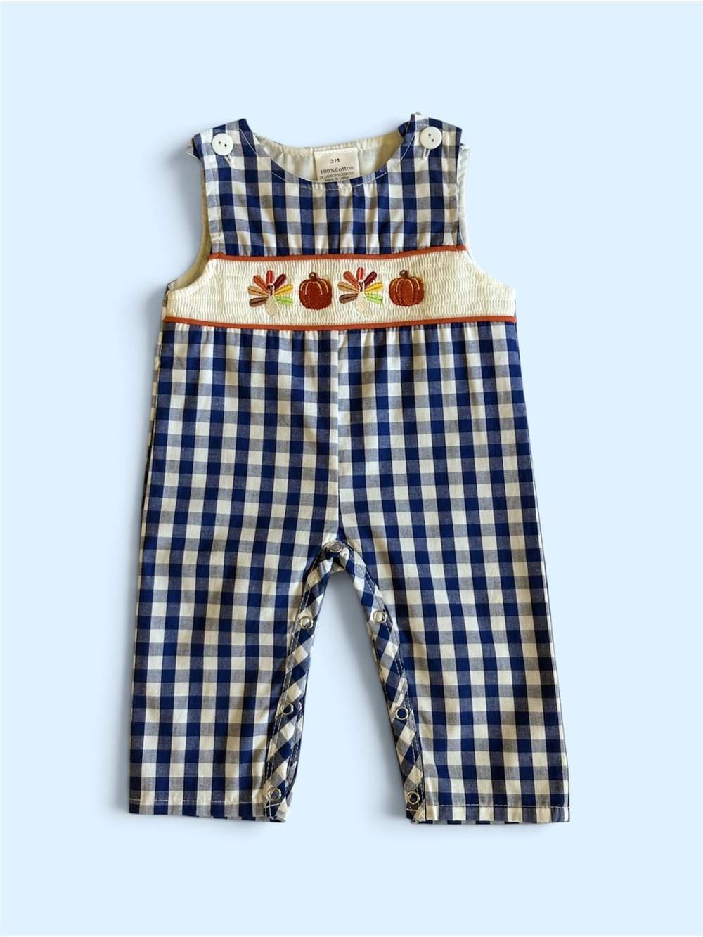 Rylee Faith Navy Smocked Gingham Pumpkin Embroidered Baby Romper
